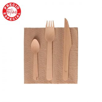 Set 4 piezas de madera: Cucharilla, cuchillo, tenedor y servilleta - Kraft