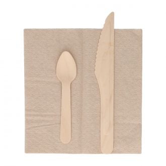 Set 3 piezas de madera: Cuchillo, cucharilla y servilleta - Kraft
