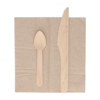 Set 3 piezas de madera: Cuchillo, cucharilla y servilleta - Kraft