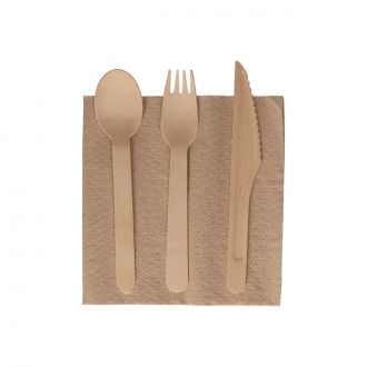 Set 4 piezas de madera: Cuchara, cuchillo, tenedor y servilleta - Kraft