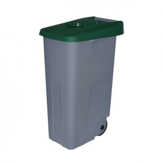 Contenedor de residuos con tapa verde abierta y ruedas - 85 L