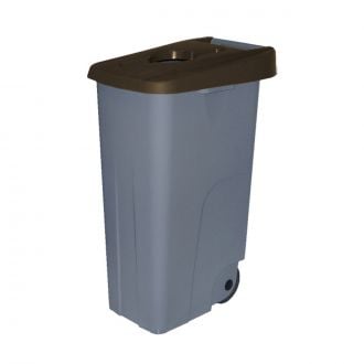 Contenedor de residuos con tapa marrón abierta y ruedas - 85 L