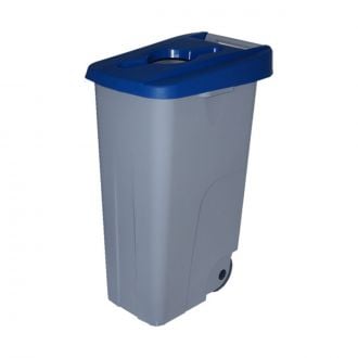 Contenedor de residuos con tapa azul abierta y ruedas - 85 L