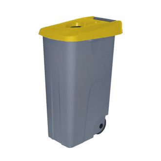 Contenedor de residuos con tapa amarilla abierta y ruedas - 85 L