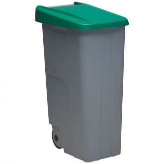 Contenedor de residuos con tapa verde y ruedas - 110 L