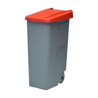 Contenedor de residuos con tapa roja y ruedas - 110 L