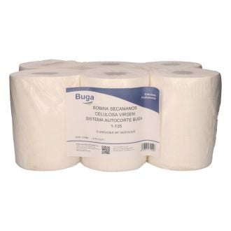 BUGA | Bobina secamanos blanca - 1 capa - Celulosa virgen - Sistema autocorte