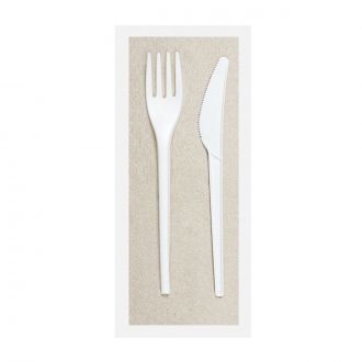 Set 3 piezas de CPLA: Cuchillo, tenedor y servilleta - Blanco y Kraft