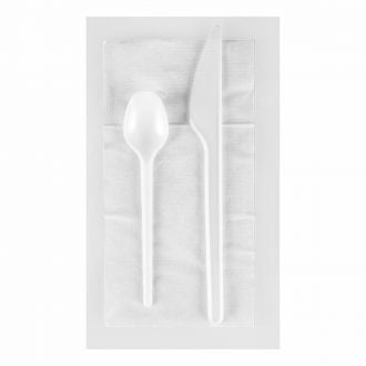 Set 3 piezas de PS: Cuchillo, cucharilla y servilleta - Blanco