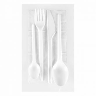 Set 5 piezas de PS: Cuchara, cuchillo, tenedor, cucharilla y servilleta - Blanco