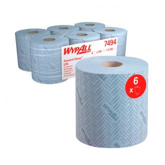 WypAll® L10 | Paños de celulosa para alimentación e higiene - Dispensación Central / Azul. 6 Rollos x 630 hojas
