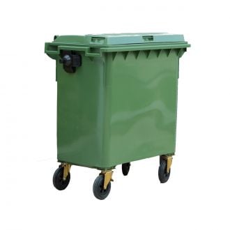 Contenedor de residuos verde con tapa y ruedas - 800 L