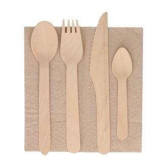 Set 5 piezas de madera: Cuchara, tenedor, cuchillo, cucharilla y servilleta - Kraft